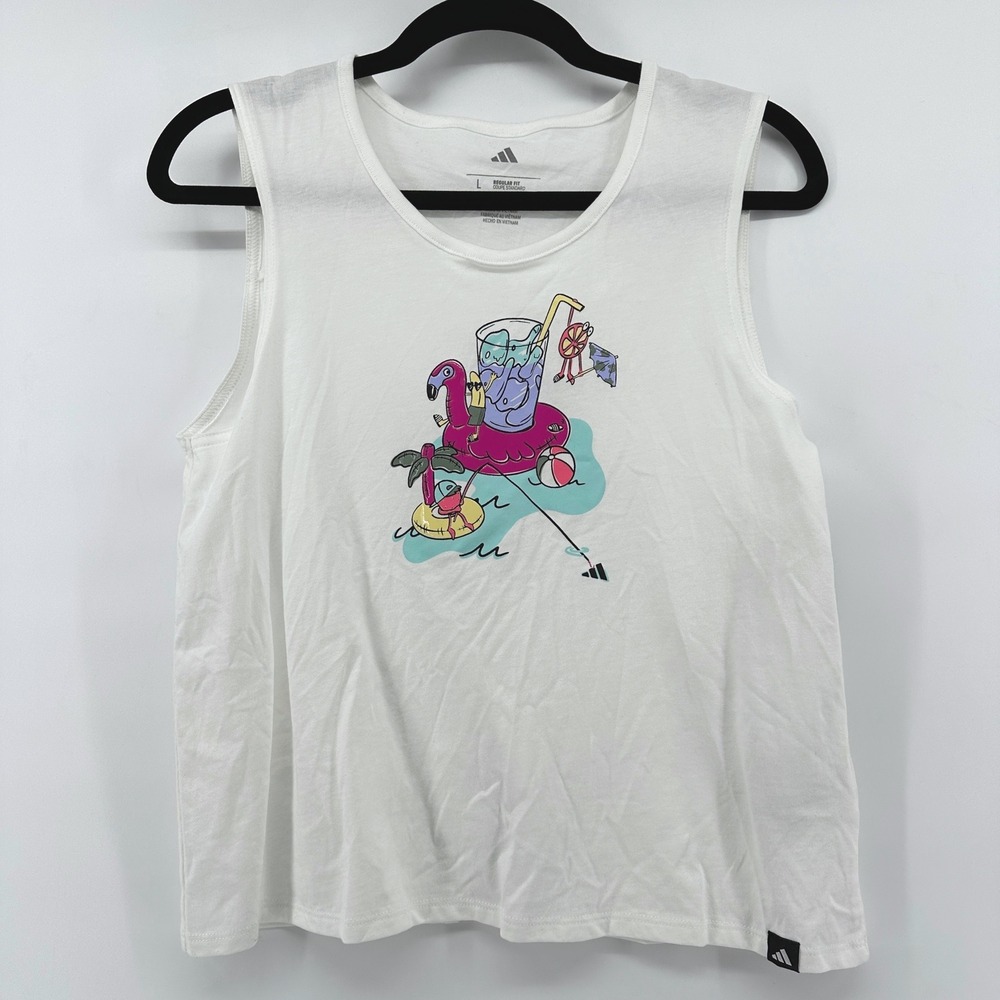 Adidas Girls White Flamingo Graphic Split Back Tank Top AA10088 Size L 14